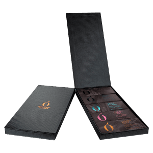 Darilni komplet s petimi čokoladami v ročno narejeni škatli